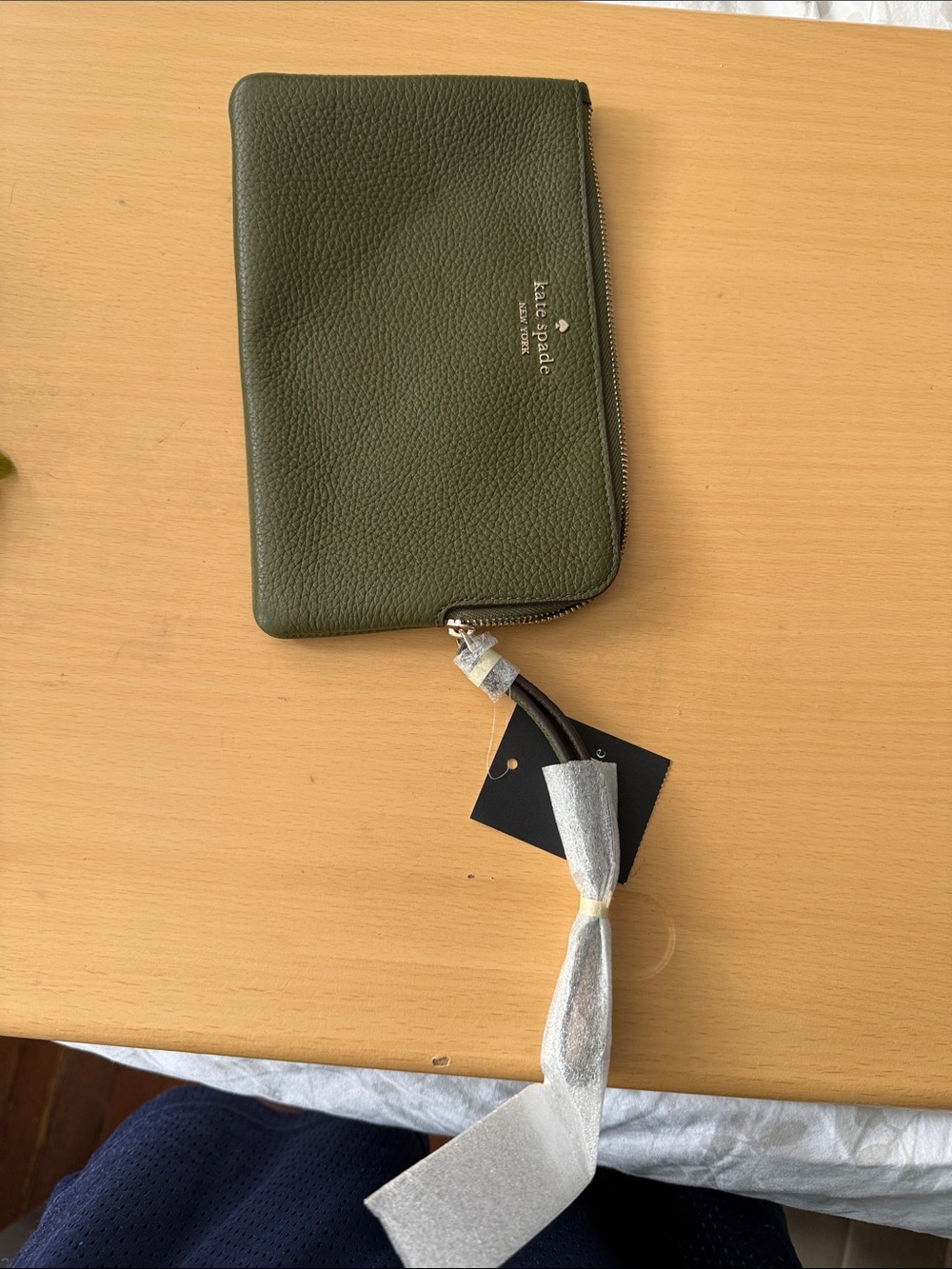 kate spade Olive Pebbled Leather Zip Wristlet with Tassel
